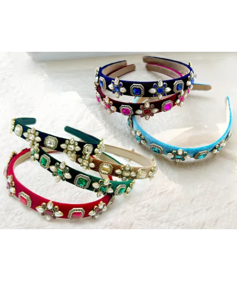 Vintage Velvet Headband Gemstone Rhinestone Pearl Embellishment