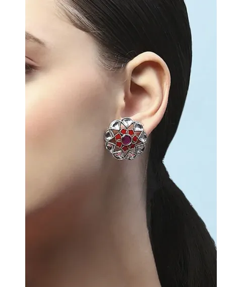 White and Red Oxidised Stone Studded Studs