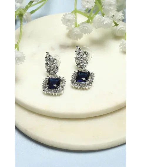 Navy and White Silver-Plated CZ Studded Danglers