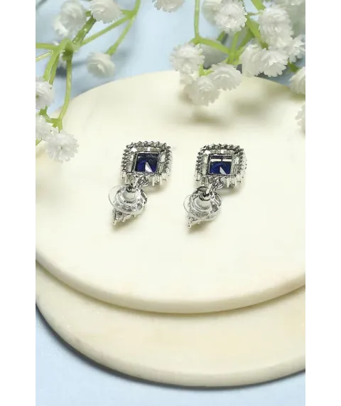 Navy and White Silver-Plated CZ Studded Danglers