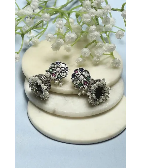 Multi-coloured Oxidised Navratan Jhumkas Multi-coloured Oxidised Navratan Jhumkas