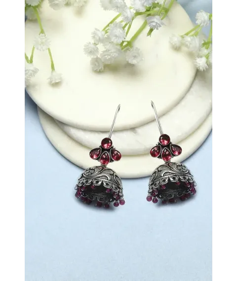 Dark Pink Oxidised Stone Studded Jhumkas Dark Pink Oxidised Stone Studded Jhumkas