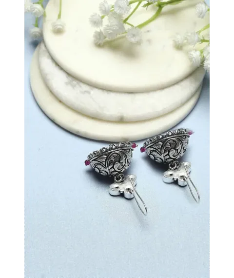 Dark Pink Oxidised Stone Studded Jhumkas