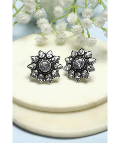 White Oxidised Stone Studded Floral-Shaped Studs