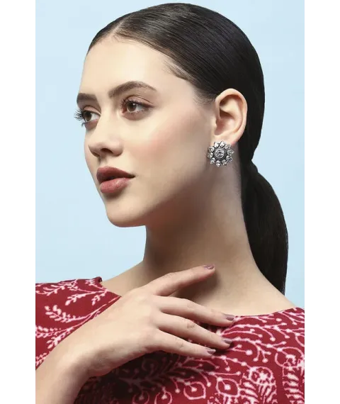 White Oxidised Stone Studded Floral-Shaped Studs