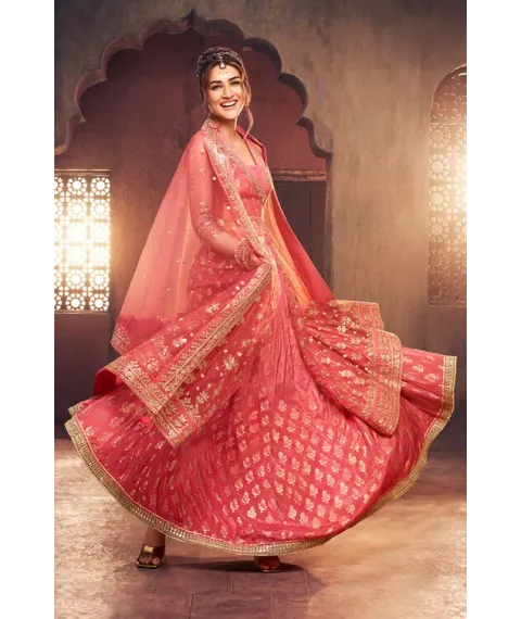 Pink Floral Butterfly Net Festive Anarkali Lehenga Set Pink Floral Butterfly Net Festive Anarkali Lehenga Set
