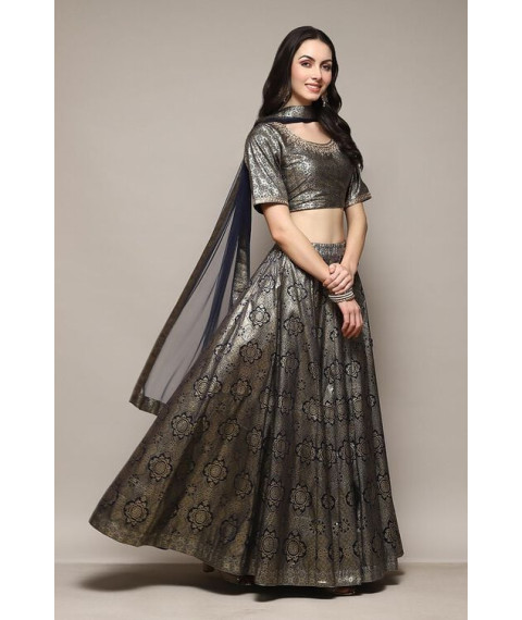 Navy Blue Foil Printed Lehenga Set