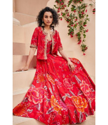 Red Floral Printed Flared Lehenga Set with Jacket Red Floral Printed Flared Lehenga Set with Jacket