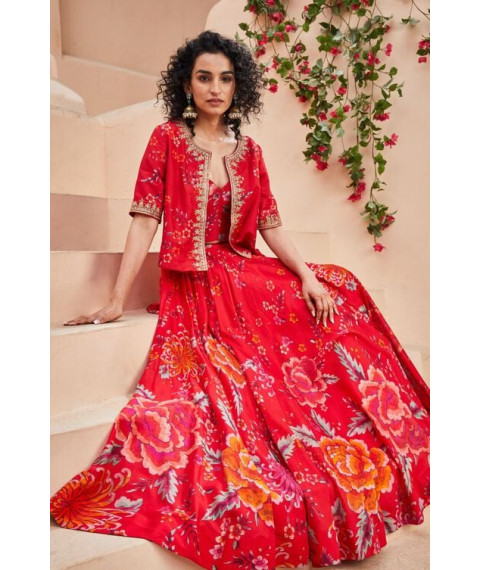 Red Floral Printed Flared Lehenga Set with Jacket Red Floral Printed Flared Lehenga Set with Jacket
