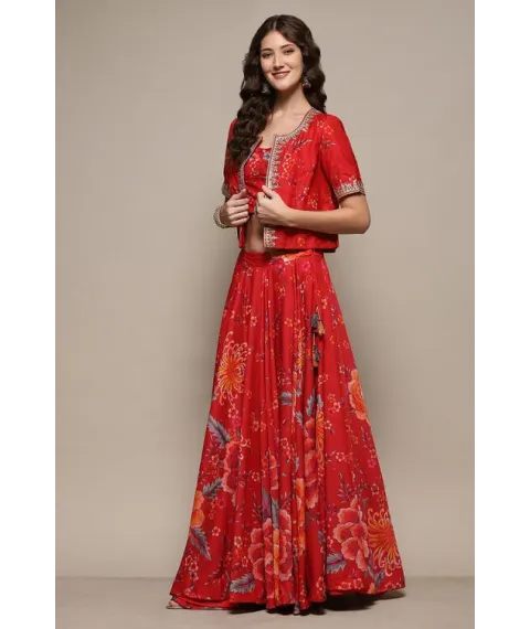 Red Floral Printed Flared Lehenga Set with Jacket