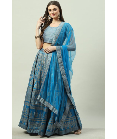 Turquoise Art Silk Straight Kurta Lehenga Suit Set