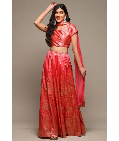 Coral Pink Cotton Blend Lehenga Set