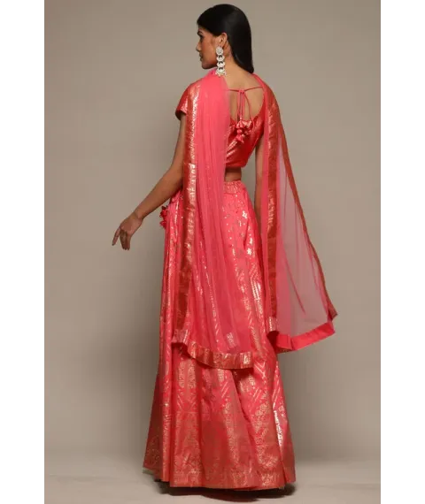 Coral Pink Cotton Blend Lehenga Set