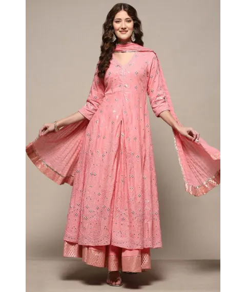 Pink Cotton Mirror work Anarkali Lehenga Set Pink Cotton Mirror work Anarkali Lehenga Set