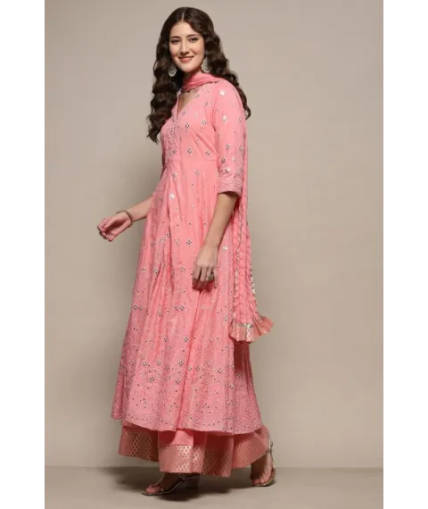 Pink Cotton Mirror work Anarkali Lehenga Set