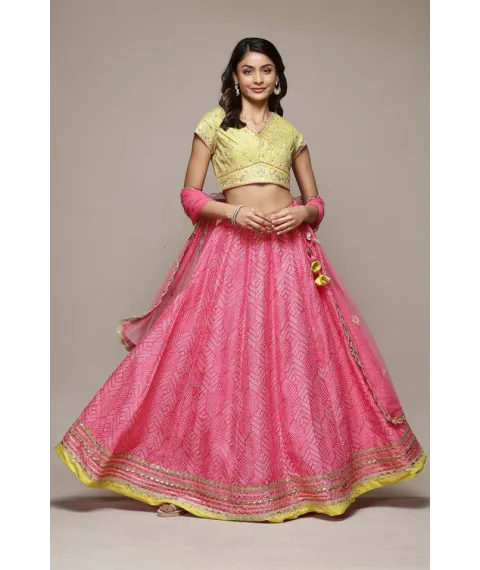 Fuschia & Lime Green Cotton Blend Lehenga Set Fuschia & Lime Green Cotton Blend Lehenga Set