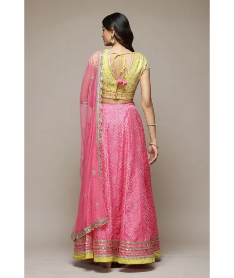 Fuschia & Lime Green Cotton Blend Lehenga Set
