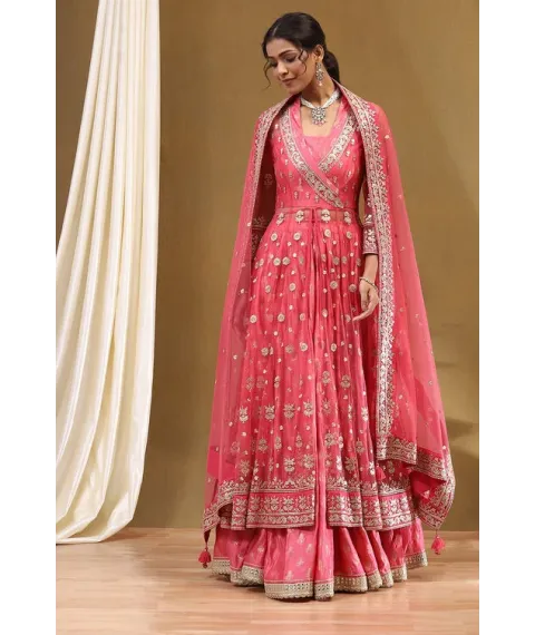 Pink Floral Butterfly Net Festive Anarkali Lehenga Set