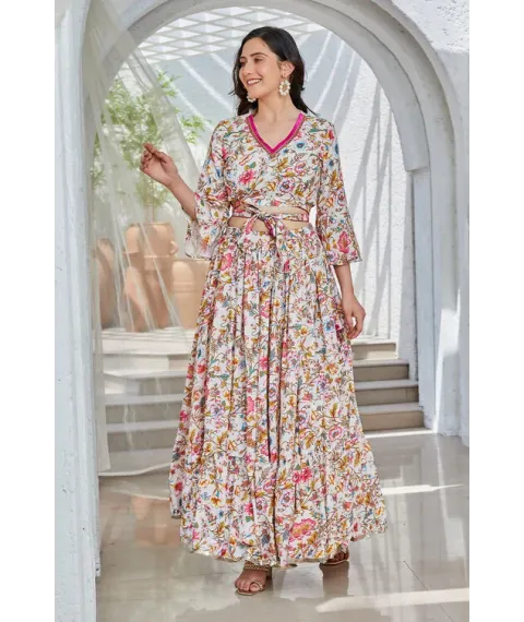 Off-White & Pink Floral Printed Flared Lehenga Set