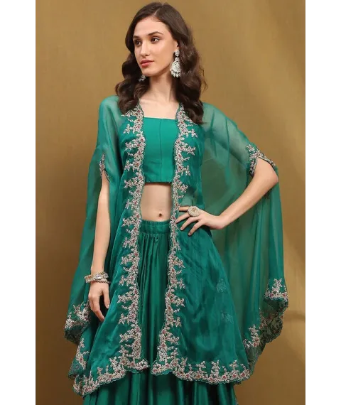 Green Silk Chanderi Festive Flared Lehenga Set