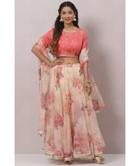 Coral Cream Poly Cotton Lehenga Set Coral Cream Poly Cotton Lehenga Set