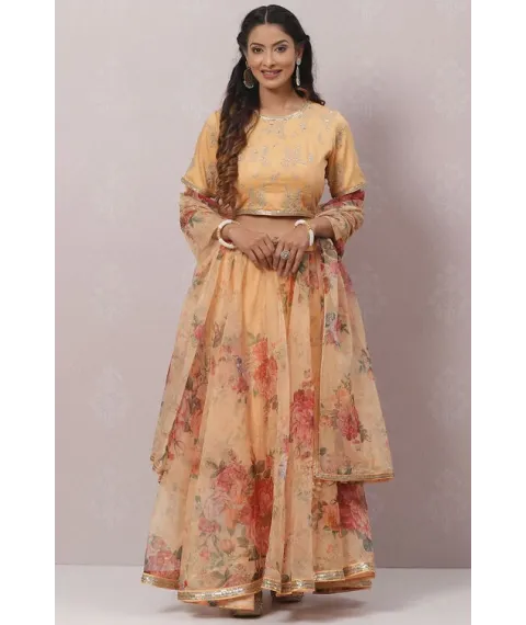 Mango Yellow Poly Cotton Lehenga Set Mango Yellow Poly Cotton Lehenga Set