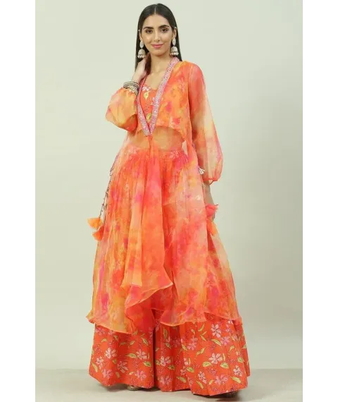 Orange Art Silk Cape Lehenga Set Orange Art Silk Cape Lehenga Set