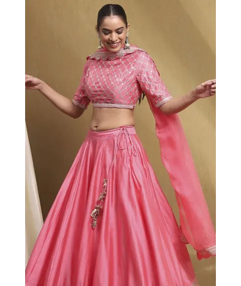 Coral Cotton Blend Straight Lehengas & Skirt Set