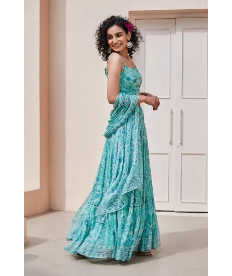 Sea Green Polyester Straight Lehenga Set Sea Green Polyester Straight Lehenga Set