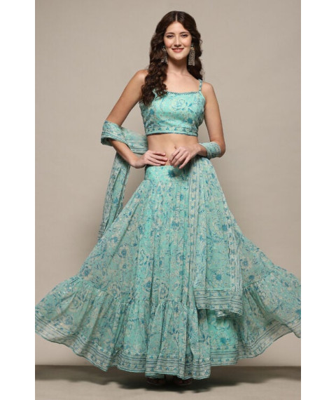 Sea Green Polyester Straight Lehenga Set