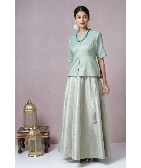Sage Green Metallic Cotton Lehenga Set