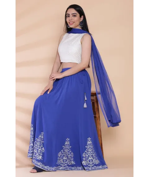 Off White And Blue Poly Cotton Lehenga Set