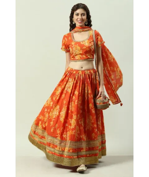 Orange Cotton Lehenga Set