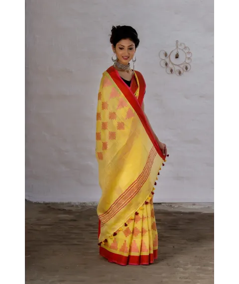 Yellow And Red Pure Linen Saree Yellow And Red Pure Linen Saree