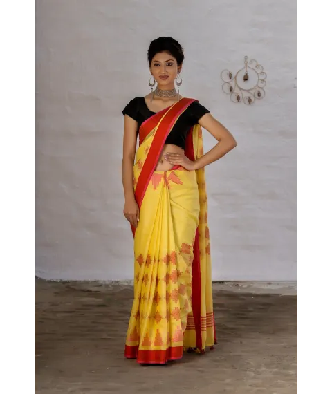 Yellow And Red Pure Linen Saree