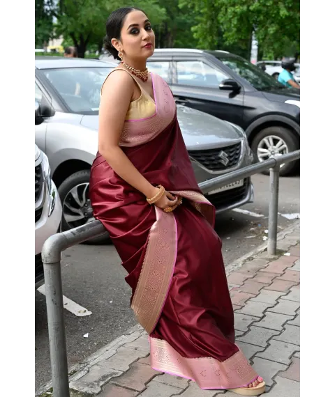Wine Color Handloom Pure Banarasi Saree