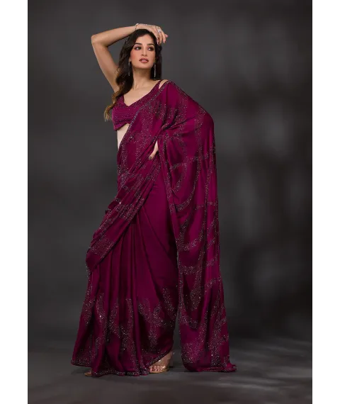 Wine Stonework Satin Designer Saree Wine Stonework Satin Designer Saree
