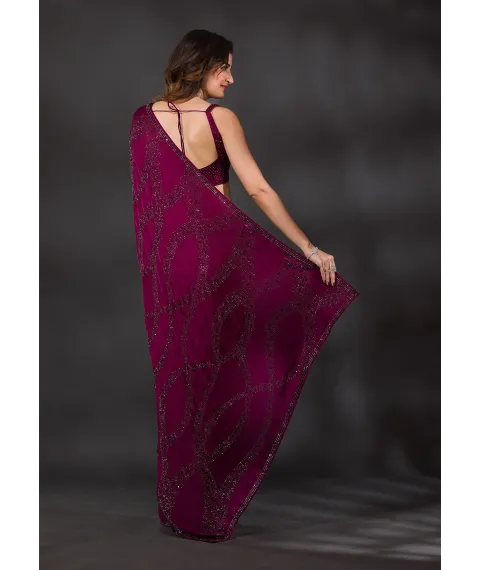 Wine Stonework Satin Designer Saree