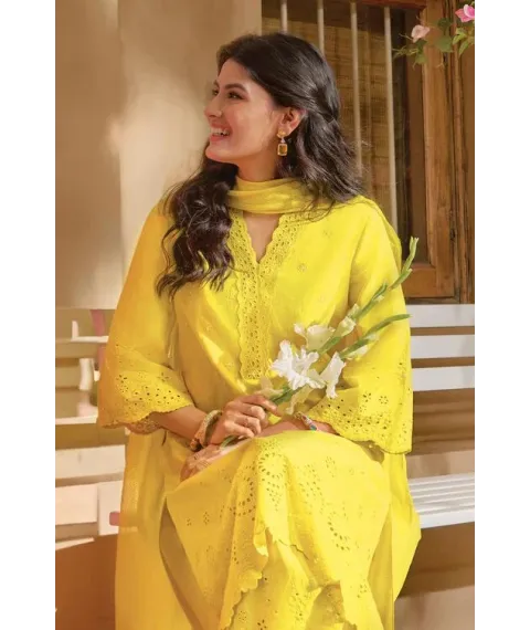 Lime Yellow Cotton Schiffli Straight Suit Set
