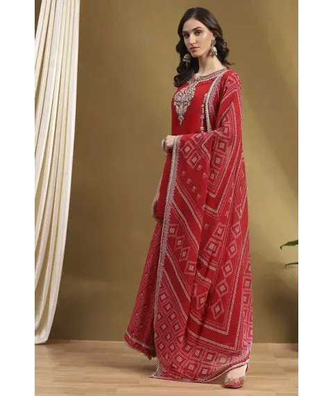 Red Embroidered Festive Straight Suit Set Red Embroidered Festive Straight Suit Set