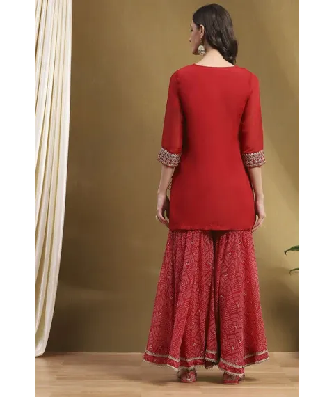 Red Embroidered Festive Straight Suit Set