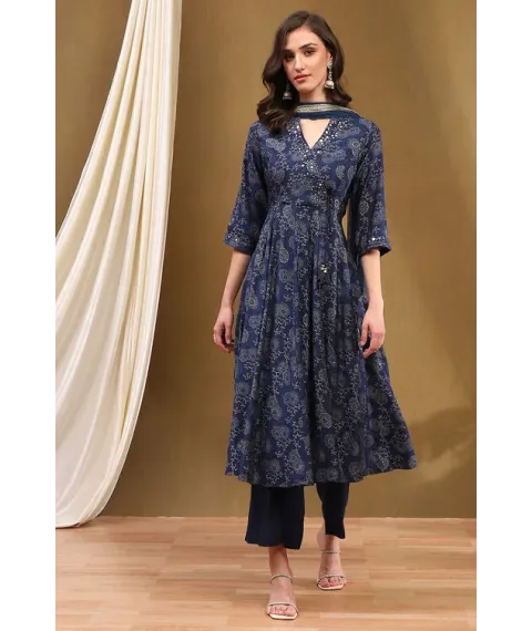 Navy Blue Printed Angrakha Style Anarkali Suit Set Navy Blue Printed Angrakha Style Anarkali Suit Set