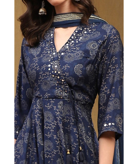 Navy Blue Printed Angrakha Style Anarkali Suit Set