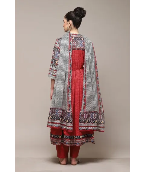 Maroon Cotton Printed Gathered Flared Suit Set