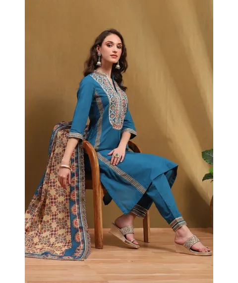 Teal Cotton Floral Printed Straight Suit Set Teal Cotton Floral Printed Straight Suit Set