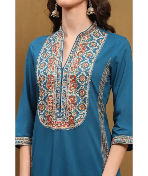 Teal Cotton Floral Printed Straight Suit Set