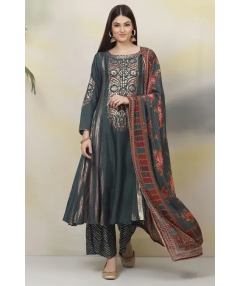 Tea Green Art Silk Kalidar Kurta Palazzo Suit Set