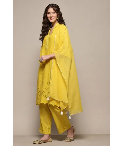 Lime Yellow Cotton Schiffli Straight Suit Set Lime Yellow Cotton Schiffli Straight Suit Set