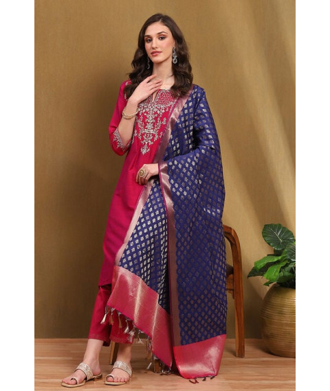 Magenta Floral Embroidered Festive Straight Suit Set Magenta Floral Embroidered Festive Straight Suit Set