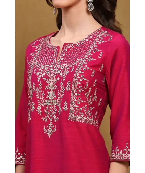 Magenta Floral Embroidered Festive Straight Suit Set